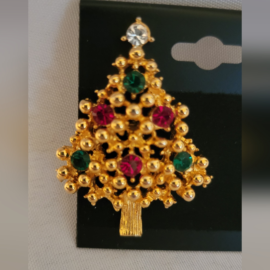 Vintage Womens Goldtone Christmas Brooch/Pin W/Red & Green Rhinestones